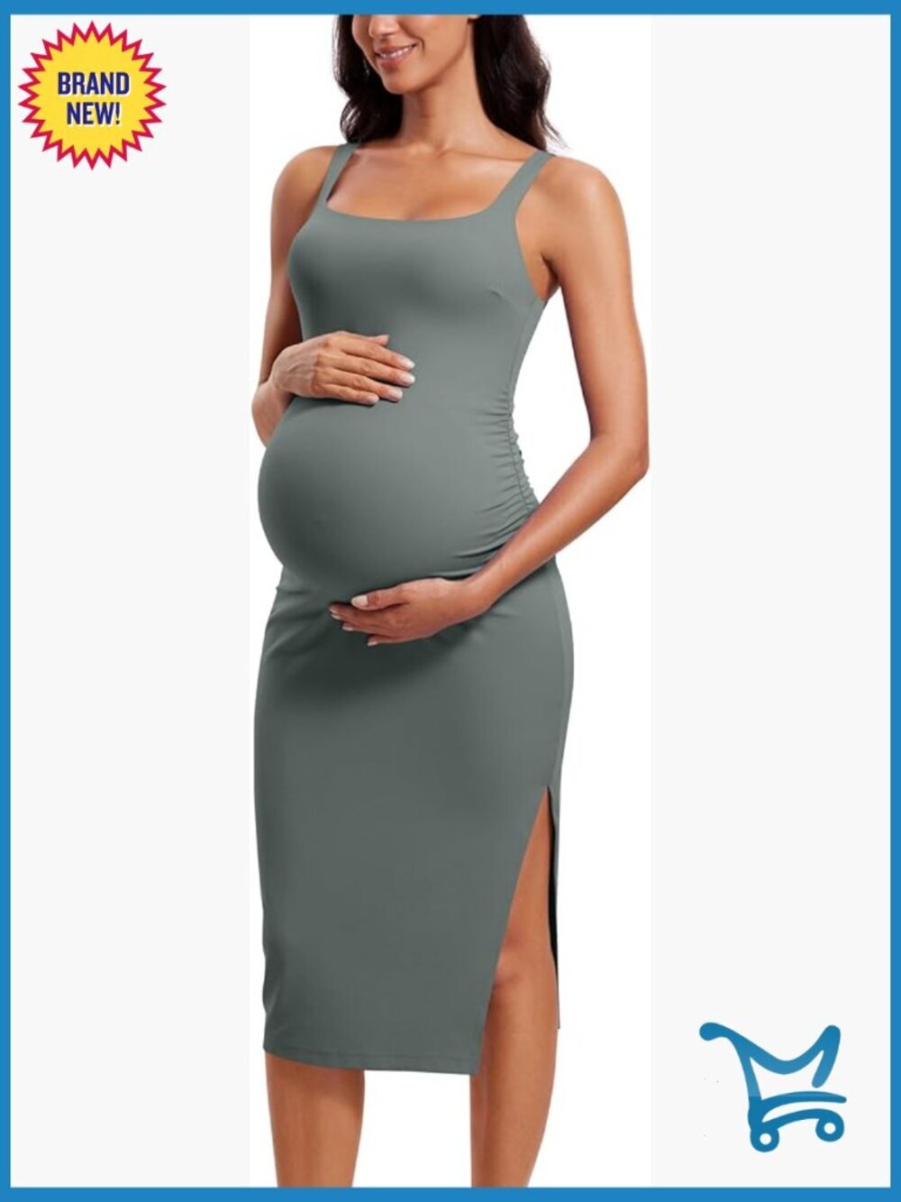 Butterluxe Maternity Square Neck Midi Dress - Ruched Bodycon Split Tank